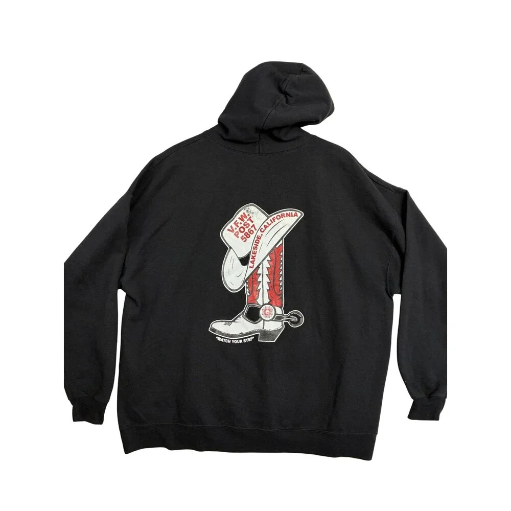 VFW Post 5867 Lakeside CA Cowboy Boots Black Hoodie Hanes 2XL Veterans